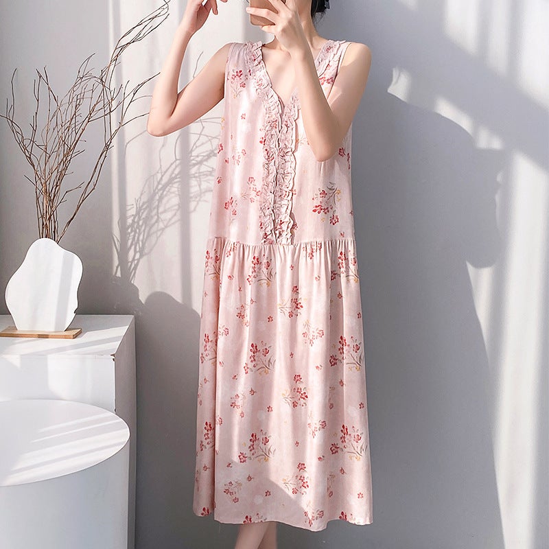 Women's Cotton Sleepwear Sleeveless Night Gown with Floral Print - Image 2