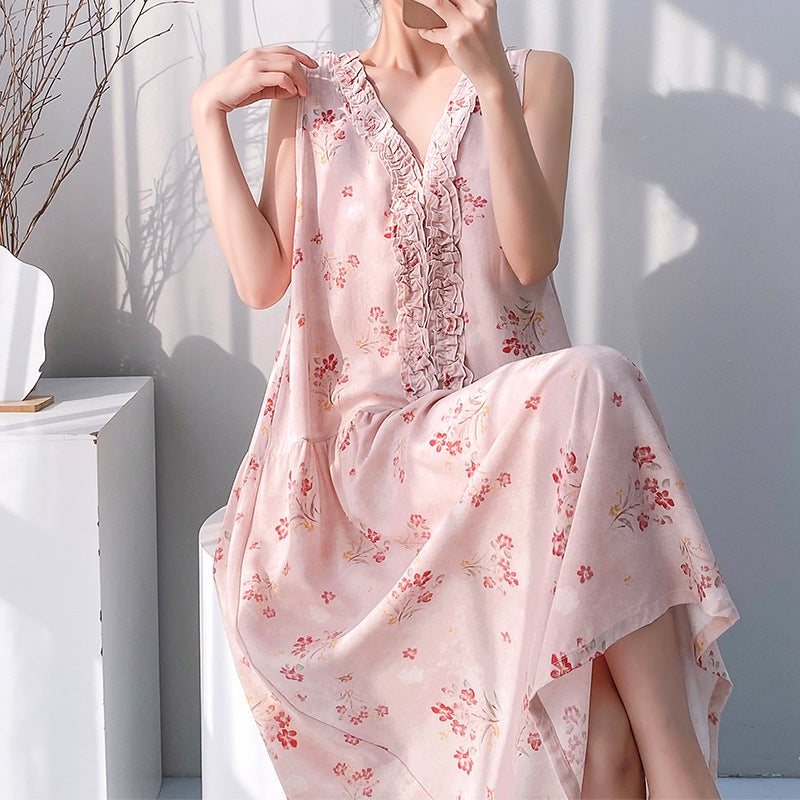 Women's Cotton Sleepwear Sleeveless Night Gown with Floral Print - Image 1