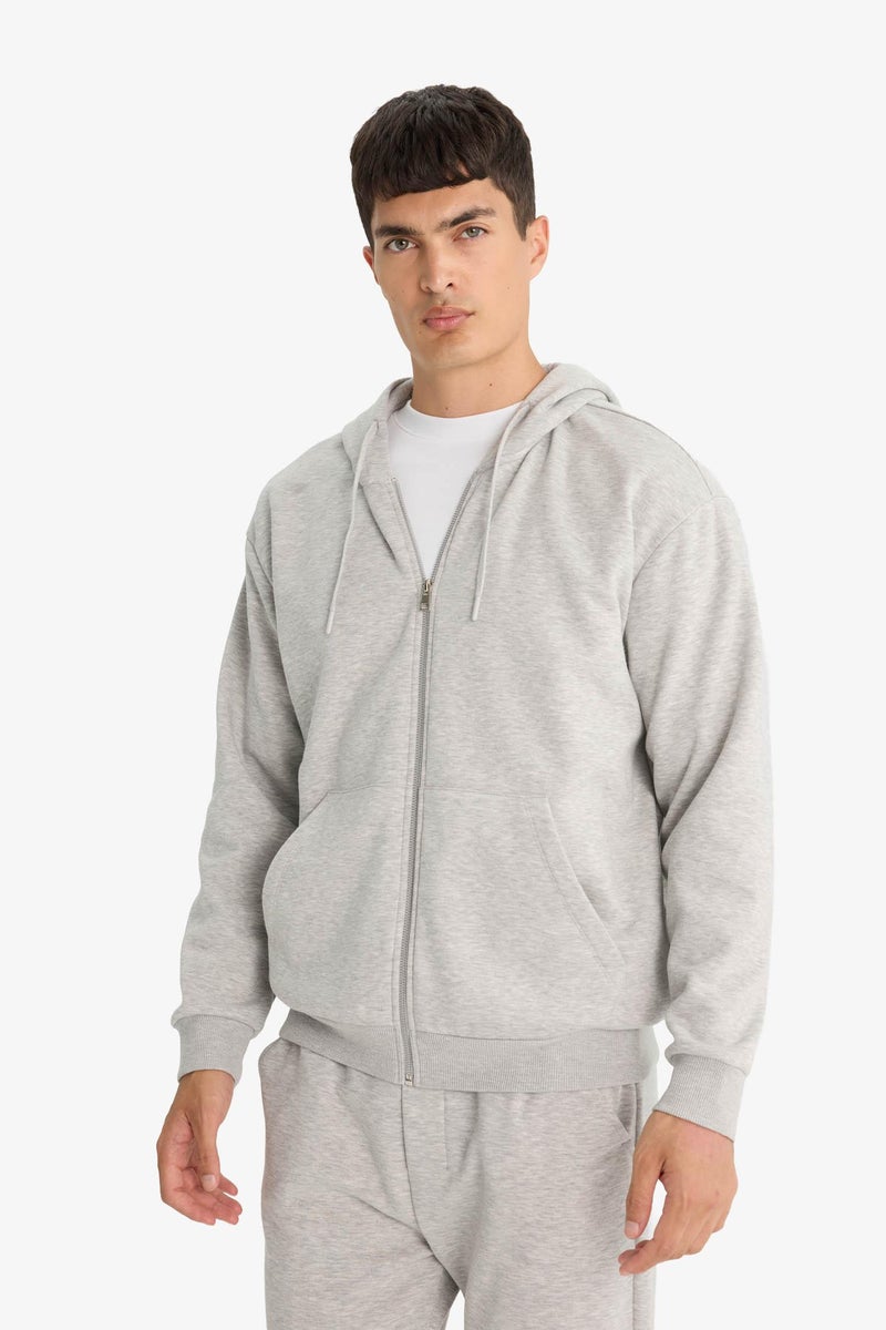 DeFacto Grey Man Relax Fit Hooded Zippered Basic Thick Sweatshirt Casual - Image 5