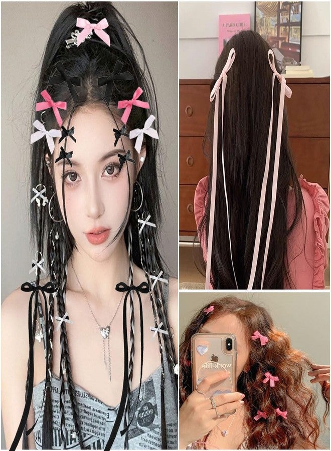 SALOCY سالوكي 48 قطعة دبابيس شعر صغيرة للنساء والفتيات، دبابيس شعر قوس لطيفة، دبابيس شعر قوس من الشريط لتصميم الشعر، وردي، أسود، أبيض، دبابيس شعر ساتان وردية - Image 5