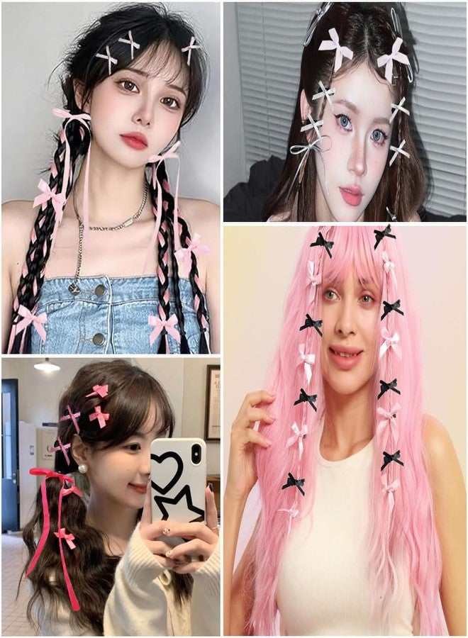 SALOCY سالوكي 48 قطعة دبابيس شعر صغيرة للنساء والفتيات، دبابيس شعر قوس لطيفة، دبابيس شعر قوس من الشريط لتصميم الشعر، وردي، أسود، أبيض، دبابيس شعر ساتان وردية - Image 4