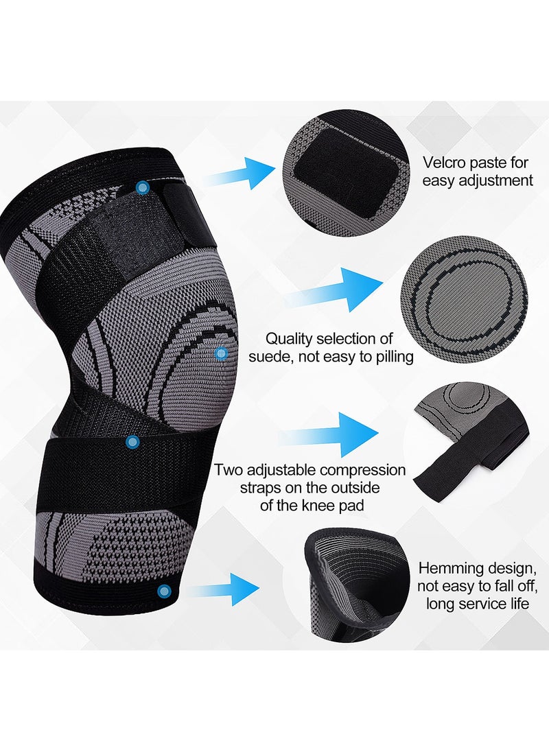 2 Pack Knee Compression Sleeves with Adjustable Strap Knee Brace, Knee Support Protector for Running, Sports Exercise, etc., Joint Pain Relief, Injury Recovery