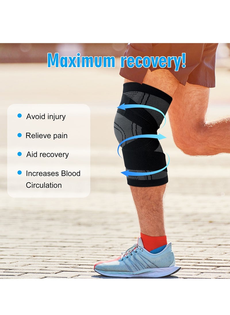 2 Pack Knee Compression Sleeves with Adjustable Strap Knee Brace, Knee Support Protector for Running, Sports Exercise, etc., Joint Pain Relief, Injury Recovery