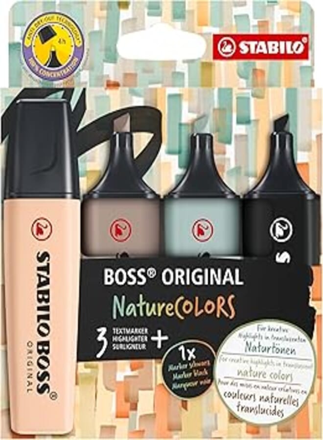 STABILO Highlighter BOSS ORIGINAL NatureCOLORS - Pack of 4 - Beige, Warm Grey, Earth Green, Black