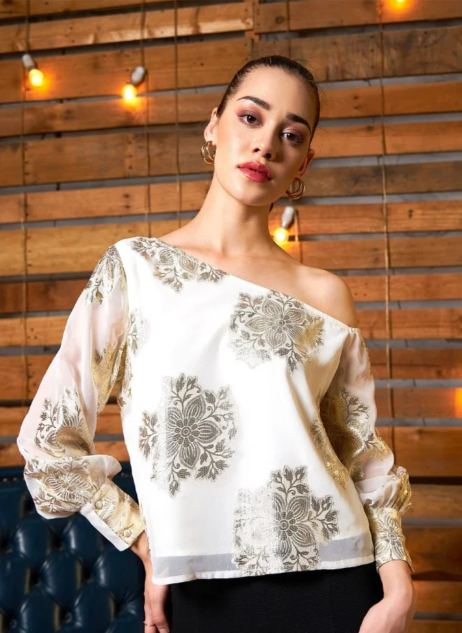 SASSAFRAS Floral Printed One Shoulder Top for Women