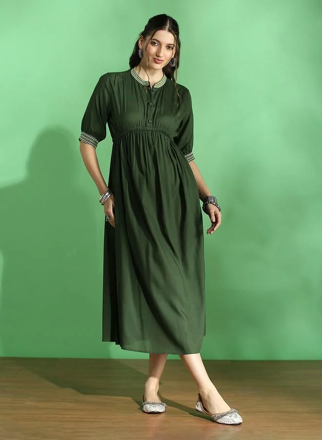 globus Embroidered Mandarin Collar Gathered Detail Midi Dress