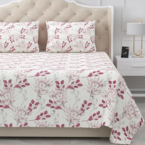 Bella Casa Double Bedsheet Set Cotton King Size With 2 Pillow Covers Floral Design Pink Colour - Stella Collection, 180 Tc - Image 1