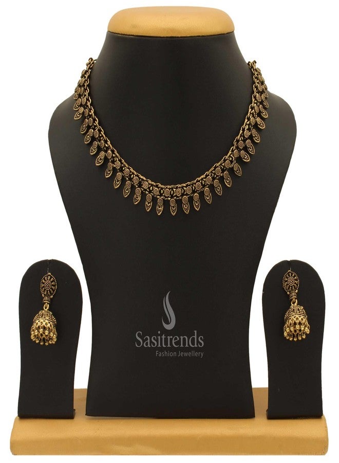 Sasitrends Oxidized German Antique Gold Necklace with Earrings for Women and Girls - Image 3