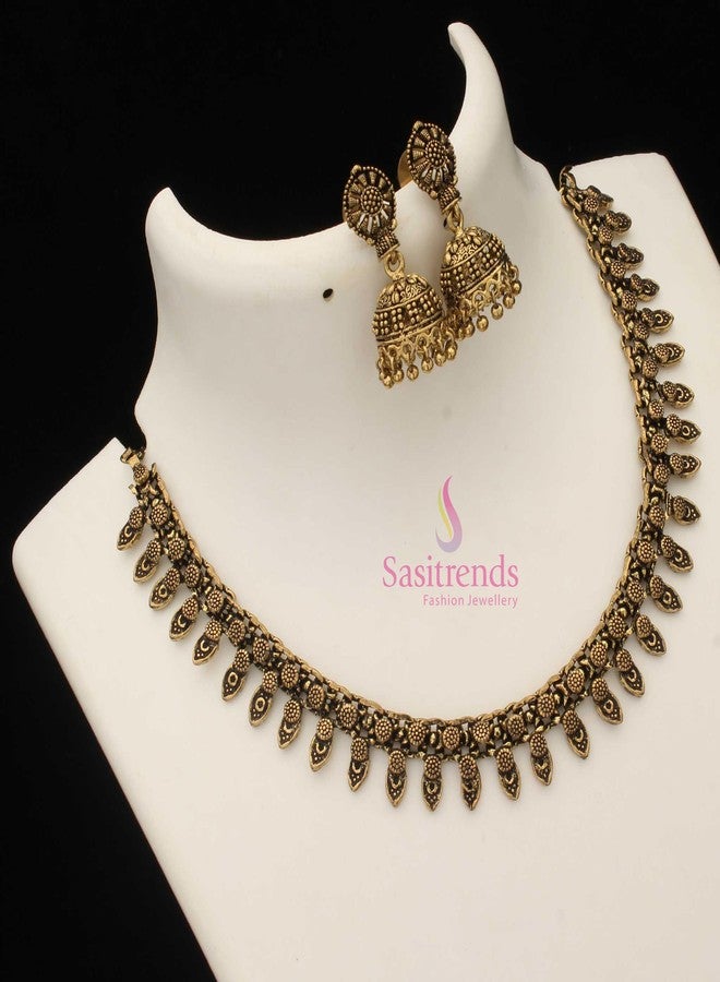 Sasitrends Oxidized German Antique Gold Necklace with Earrings for Women and Girls - Image 2