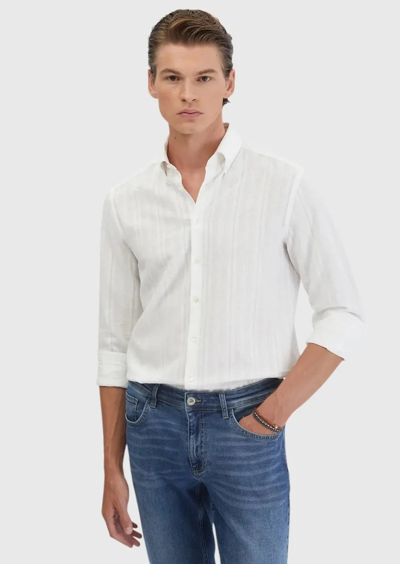 RAMSEY White Plain Casual Fit Weaving Casual Cotton Blended Shirt