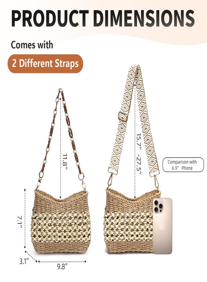Herald Small Summer Crossbody Bags for Women, Beach Handmade Straw Woven Pocketbooks Handbag Shoulder Purse, Coffee With Gold Thread, Small - Image 4