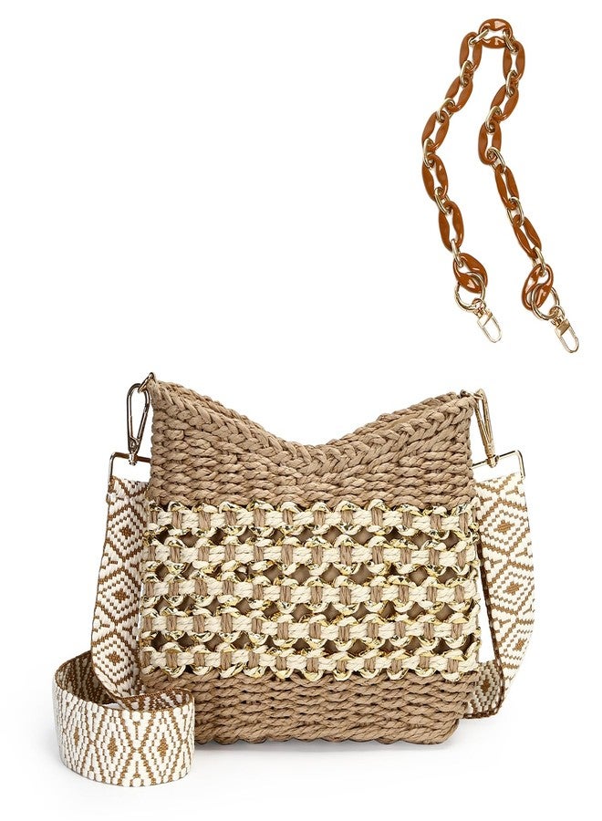 Herald Small Summer Crossbody Bags for Women, Beach Handmade Straw Woven Pocketbooks Handbag Shoulder Purse, Coffee With Gold Thread, Small - Image 1