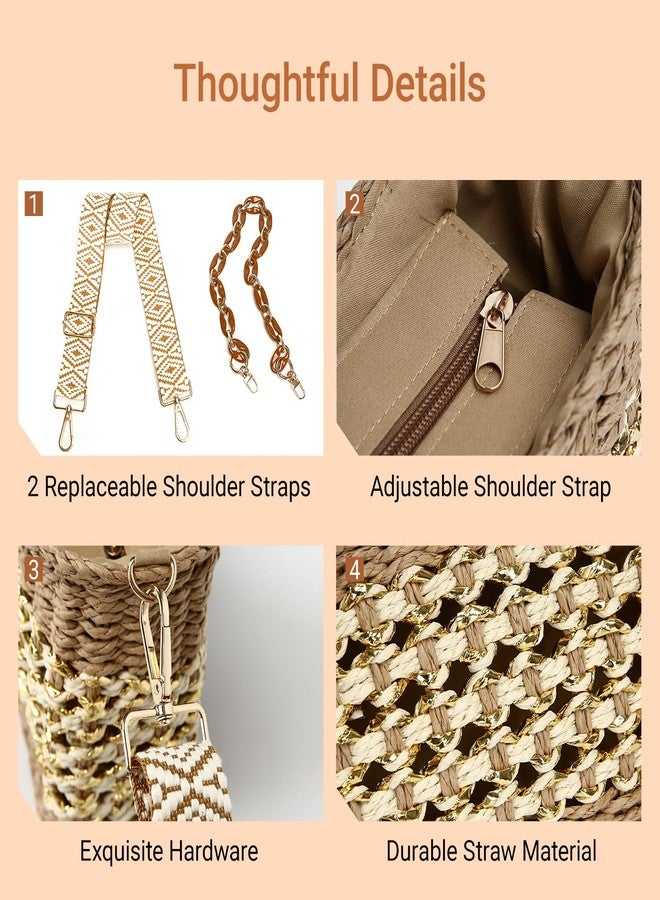 Herald Small Summer Crossbody Bags for Women, Beach Handmade Straw Woven Pocketbooks Handbag Shoulder Purse, Coffee With Gold Thread, Small - Image 5
