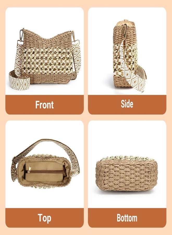 Herald Small Summer Crossbody Bags for Women, Beach Handmade Straw Woven Pocketbooks Handbag Shoulder Purse, Coffee With Gold Thread, Small - Image 3