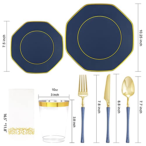 KIRE 140Pcs Blue Plastic Plates with Gold Rim - Gold Disposable Plastic Silverware with Blue Handle&Clear Cups&Hand Napkin - Geometric Party Plates for Holiday/Party - Image 2