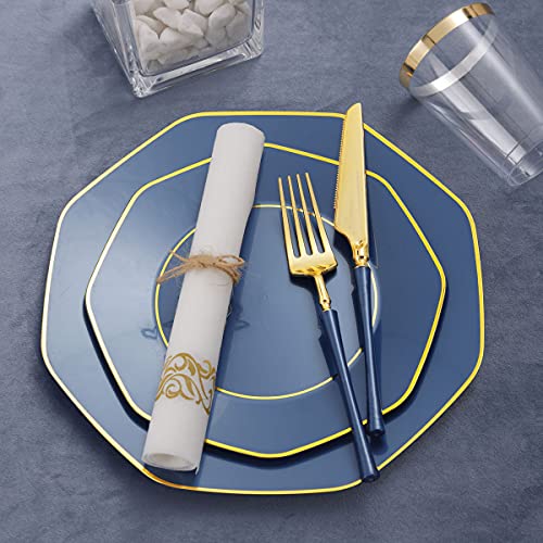 KIRE 140Pcs Blue Plastic Plates with Gold Rim - Gold Disposable Plastic Silverware with Blue Handle&Clear Cups&Hand Napkin - Geometric Party Plates for Holiday/Party - Image 3