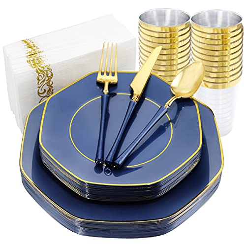 KIRE 140Pcs Blue Plastic Plates with Gold Rim - Gold Disposable Plastic Silverware with Blue Handle&Clear Cups&Hand Napkin - Geometric Party Plates for Holiday/Party - Image 1