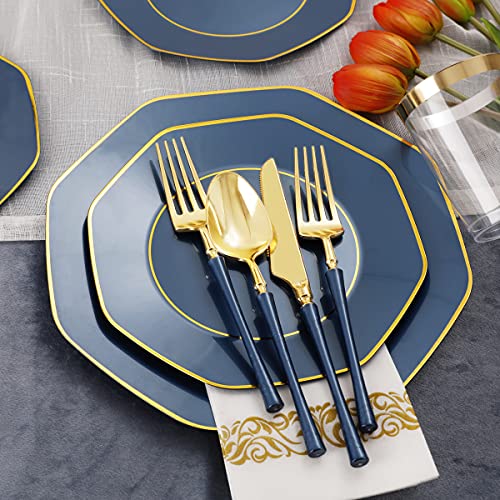 KIRE 140Pcs Blue Plastic Plates with Gold Rim - Gold Disposable Plastic Silverware with Blue Handle&Clear Cups&Hand Napkin - Geometric Party Plates for Holiday/Party - Image 5