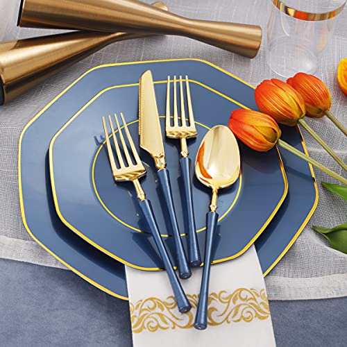 KIRE 140Pcs Blue Plastic Plates with Gold Rim - Gold Disposable Plastic Silverware with Blue Handle&Clear Cups&Hand Napkin - Geometric Party Plates for Holiday/Party - Image 4