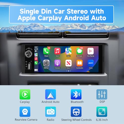 Pyniro Single Din Car Stereo, 6.36 Inch CarPlay & Android Auto HD IPS Touchscreen Radio with Bluetooth with Backup Camera, Support USB Type-C Charging/USB/Mirror Link/Microphone/FM/EQ - Image 2