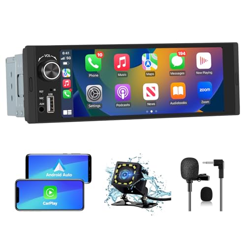 Pyniro Single Din Car Stereo, 6.36 Inch CarPlay & Android Auto HD IPS Touchscreen Radio with Bluetooth with Backup Camera, Support USB Type-C Charging/USB/Mirror Link/Microphone/FM/EQ - Image 1