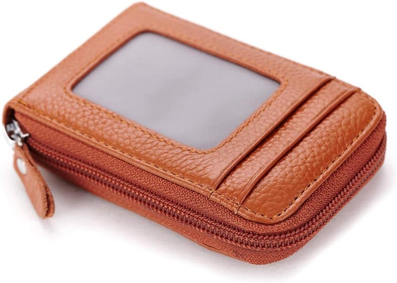 BAKUN Premium Leather Slim Zipper Business/Credit Card Wallet Case Holder with Clear Photo Slot, Security Travel Wallet(Orange) - Image 1