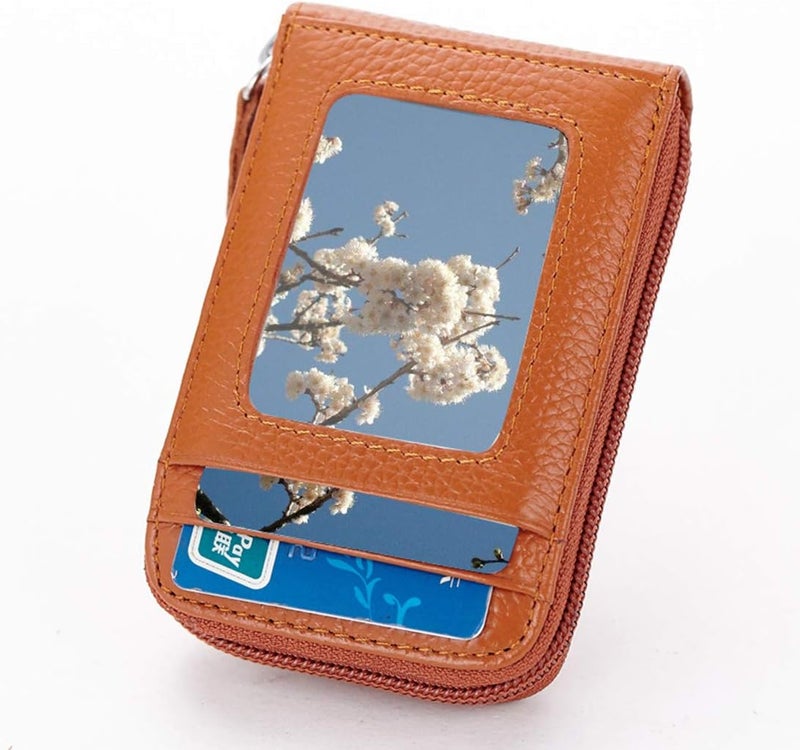 BAKUN Premium Leather Slim Zipper Business/Credit Card Wallet Case Holder with Clear Photo Slot, Security Travel Wallet(Orange) - Image 2