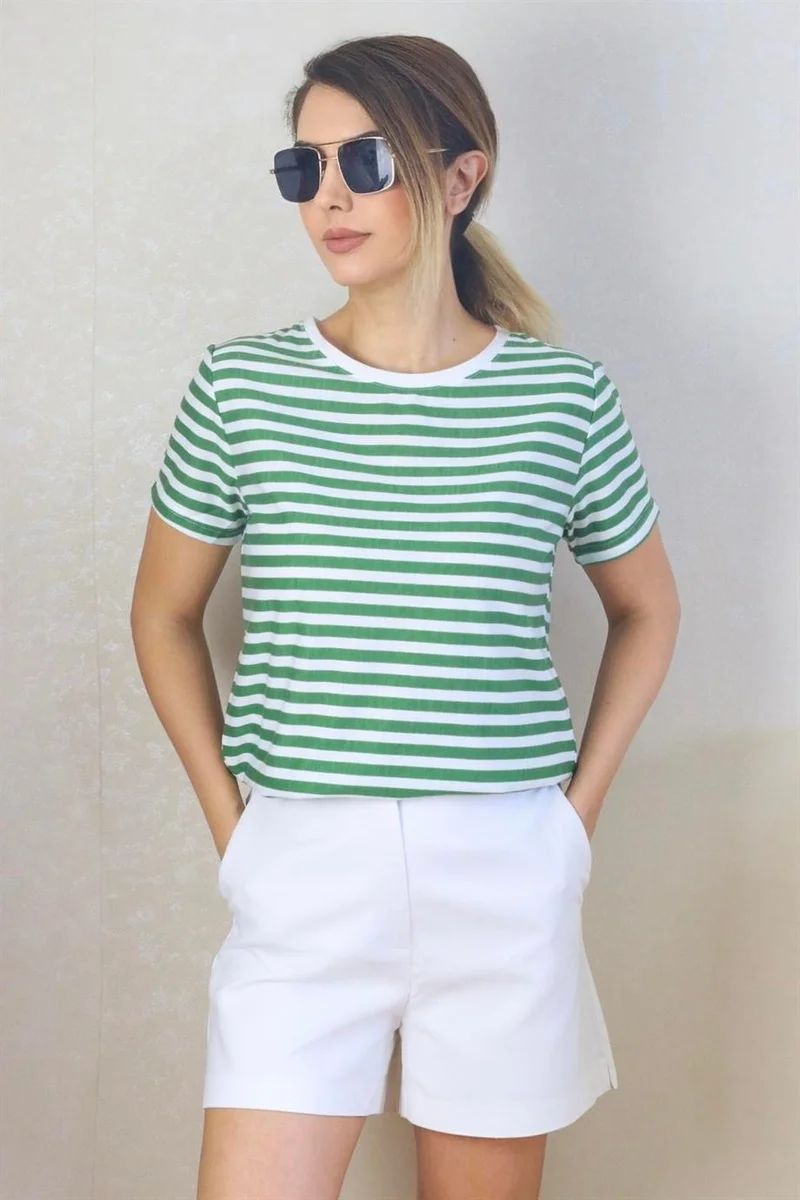 Ritnice Women's Green White Striped Basic T-Shirt