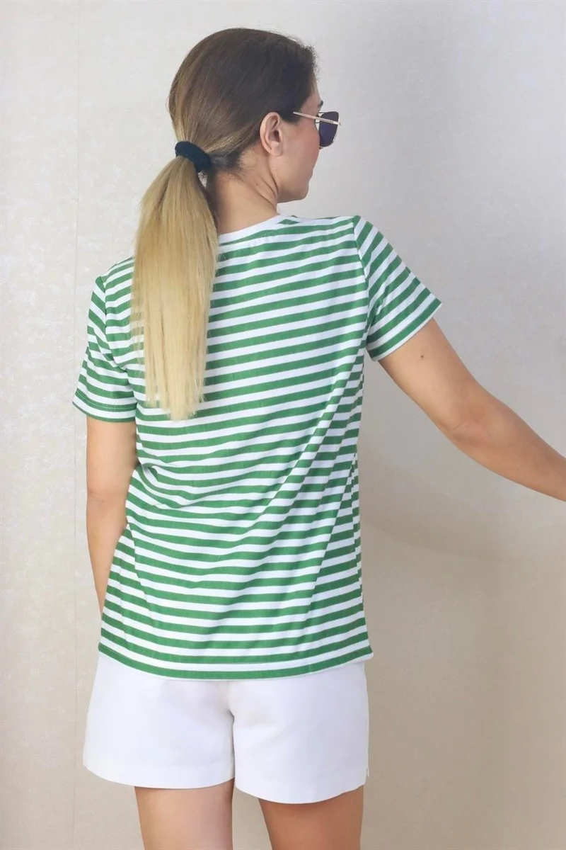 Ritnice Women's Green White Striped Basic T-Shirt