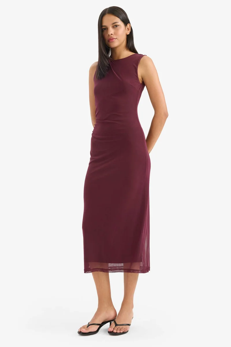 ديفاكتو Bodycon Round Collar Tulle Sleeveless Midi Dress