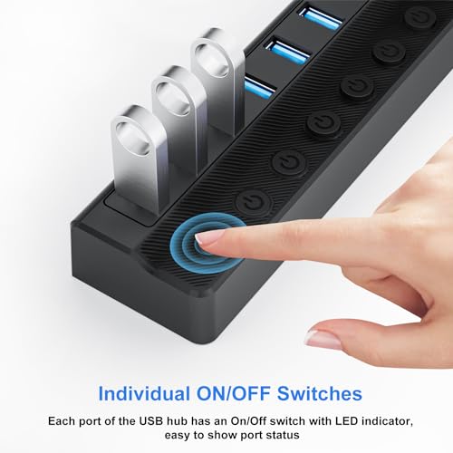 ONFINIO Powered USB Hub 3.0, 10-Port USB Splitter Hub with Individual On/Off Switches and 12V/2A Power Adapter USB Extension - Image 4