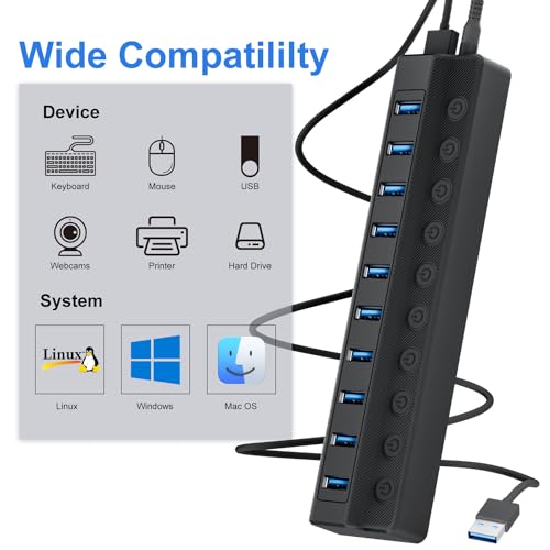 ONFINIO Powered USB Hub 3.0, 10-Port USB Splitter Hub with Individual On/Off Switches and 12V/2A Power Adapter USB Extension - Image 3