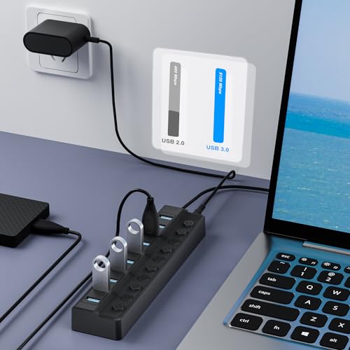 ONFINIO Powered USB Hub 3.0, 10-Port USB Splitter Hub with Individual On/Off Switches and 12V/2A Power Adapter USB Extension - Image 2