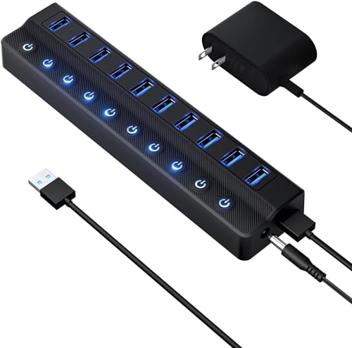 ONFINIO Powered USB Hub 3.0, 10-Port USB Splitter Hub with Individual On/Off Switches and 12V/2A Power Adapter USB Extension - Image 1