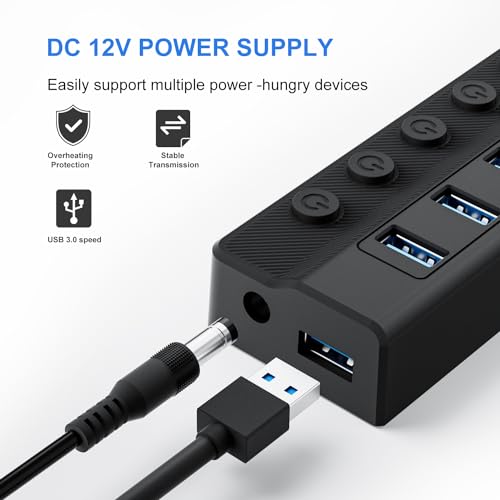 ONFINIO Powered USB Hub 3.0, 10-Port USB Splitter Hub with Individual On/Off Switches and 12V/2A Power Adapter USB Extension - Image 5