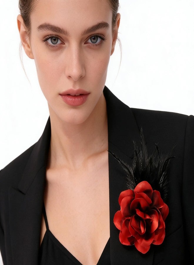 kepvrio Feather Flower Brooch Pin for Women Dainty Elegant Oversized Floral Lapel Pins Wedding Party Dance Banquet Fashion Brooch Jewelry (Style-A red) - Image 2