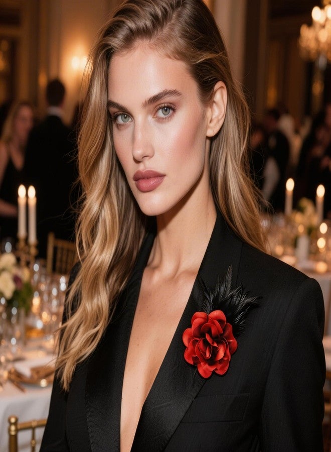 kepvrio Feather Flower Brooch Pin for Women Dainty Elegant Oversized Floral Lapel Pins Wedding Party Dance Banquet Fashion Brooch Jewelry (Style-A red) - Image 5