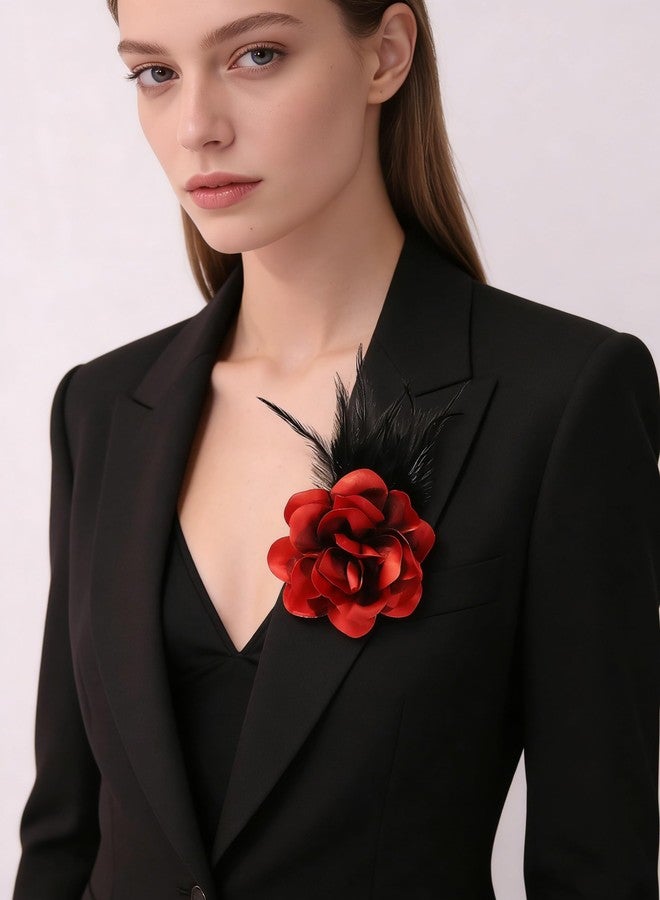 kepvrio Feather Flower Brooch Pin for Women Dainty Elegant Oversized Floral Lapel Pins Wedding Party Dance Banquet Fashion Brooch Jewelry (Style-A red) - Image 4