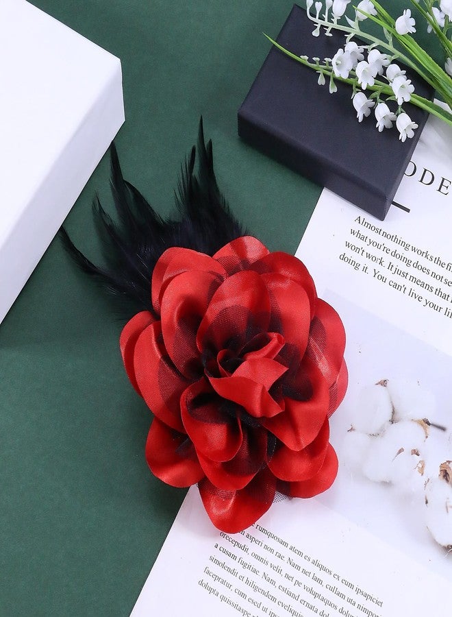 kepvrio Feather Flower Brooch Pin for Women Dainty Elegant Oversized Floral Lapel Pins Wedding Party Dance Banquet Fashion Brooch Jewelry (Style-A red) - Image 3
