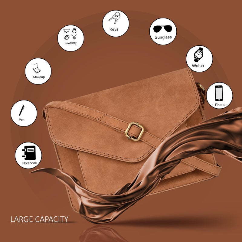 Ozora Leather Flapover Crossbody Handbag Purse for Women with Adjustable Strap & Overflap Snap Closure Tote/Bag (Cognac Hunter) - Image 3