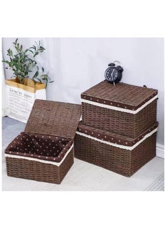 FFD  Handwoven Wicker Storage Baskets with Lids - Natural Seagrass Shelf Bins with Handles for Pantry, Bathroom, and Living Room - Set of 3 (Small, Medium, Large)