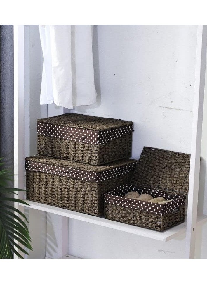 Generic - FFD  Handwoven Wicker Storage Baskets with Lids - Natural Seagrass Shelf Bins with Handles for Pantry, Bathroom, and Living Room - Set of 3 (Small, Medium, Large) - Image 1