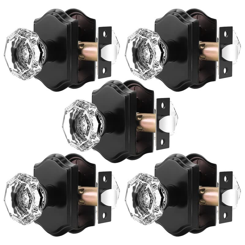 Orger Passage Door Knobs for Hallway and Closet Glass Door Handles with NonLocking Latch Octagonal Clear Crystal Door Knobs 5 Pack Black Vintage Rosette with Heavy Duty Crystal