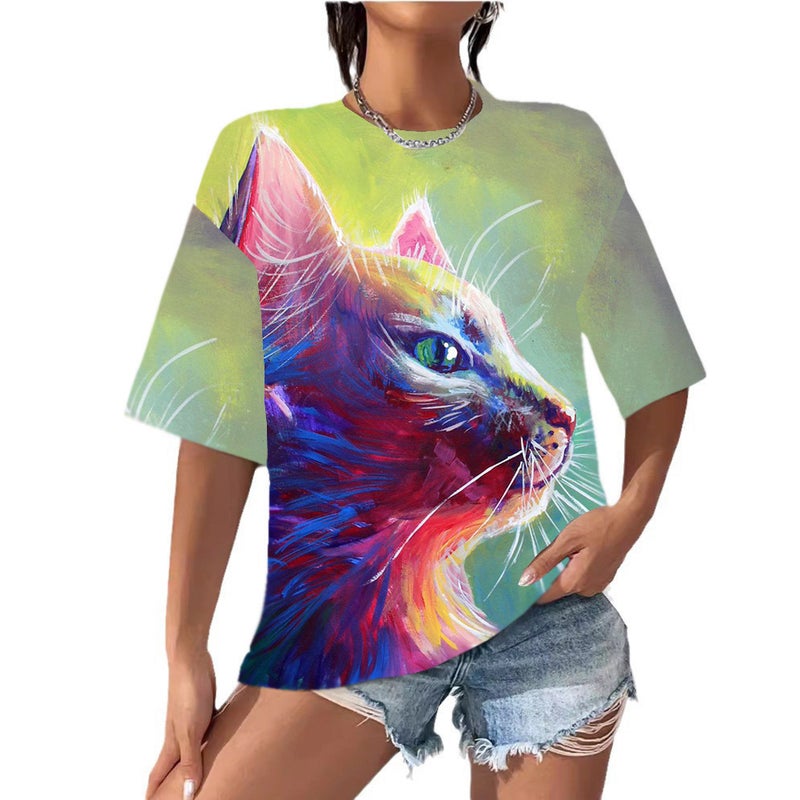 Women'S Clothing T-Shirt Digital Print Cat Short-Sleeve Round-Neck Top T-Shirt New Cute Style - Image 5