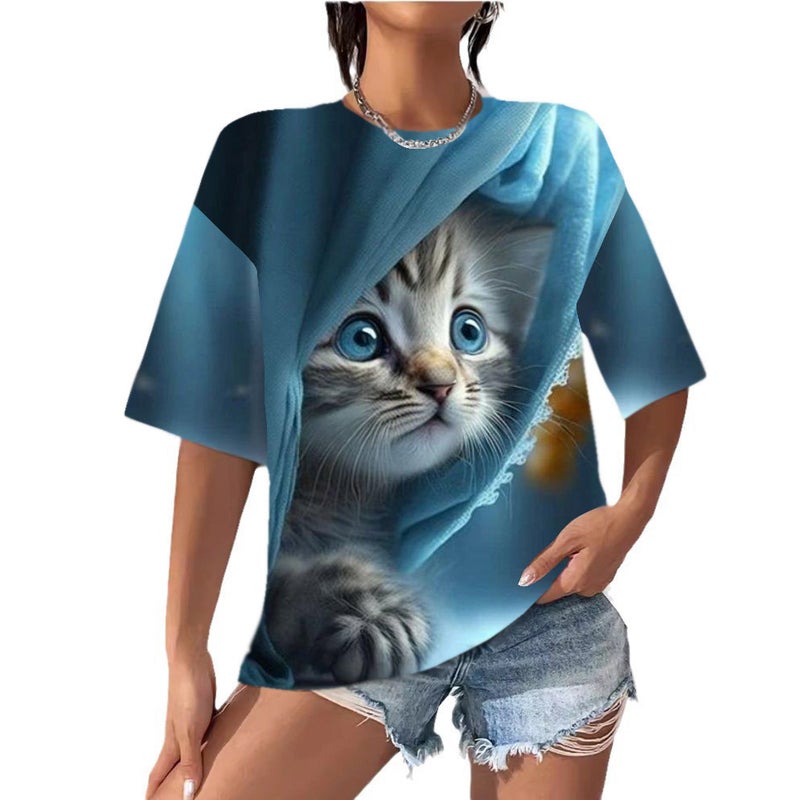Women'S Clothing T-Shirt Digital Print Cat Short-Sleeve Round-Neck Top T-Shirt New Cute Style - Image 4