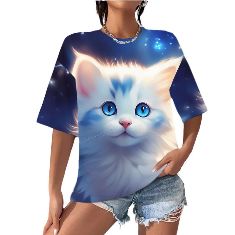 Women'S Clothing T-Shirt Digital Print Cat Short-Sleeve Round-Neck Top T-Shirt New Cute Style - Image 3