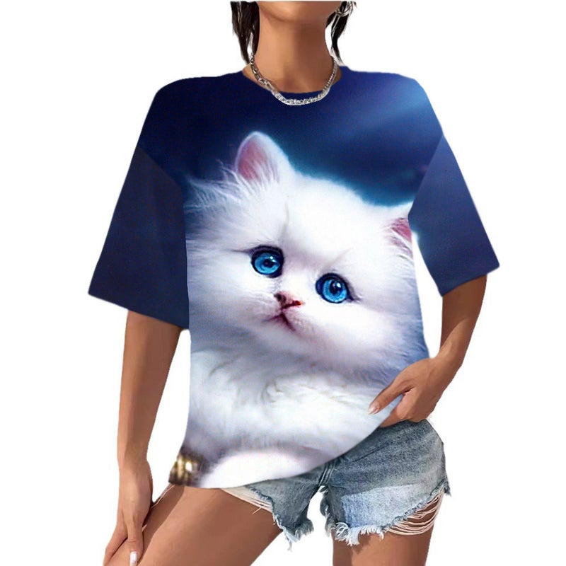 Women'S Clothing T-Shirt Digital Print Cat Short-Sleeve Round-Neck Top T-Shirt New Cute Style - Image 2