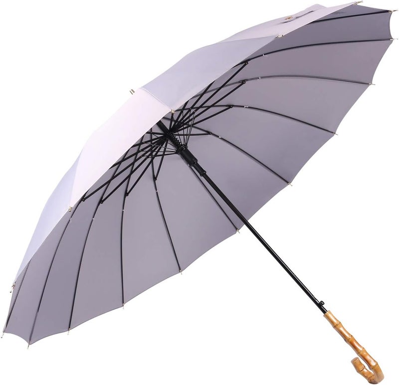 ThreeH Bamboo Stick Umbrella Auto Open Solid Color Fashionable and Simple 190T 16 Ribs, KS08 Grey - Image 1