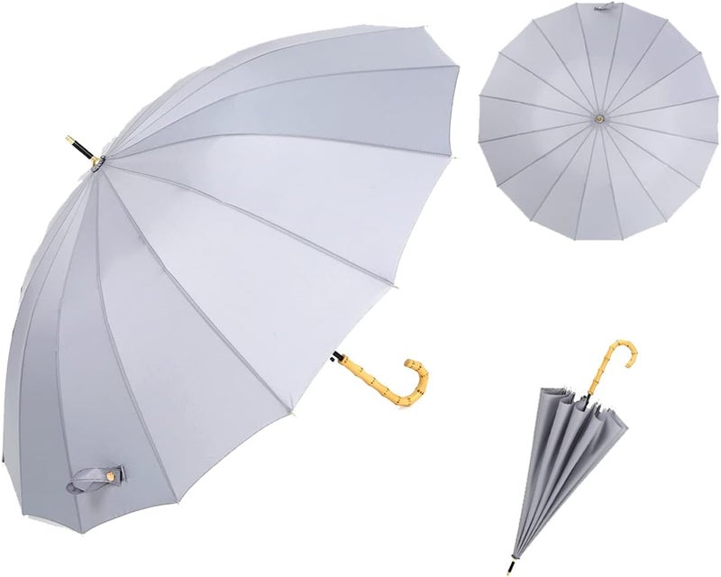 ThreeH Bamboo Stick Umbrella Auto Open Solid Color Fashionable and Simple 190T 16 Ribs, KS08 Grey - Image 2