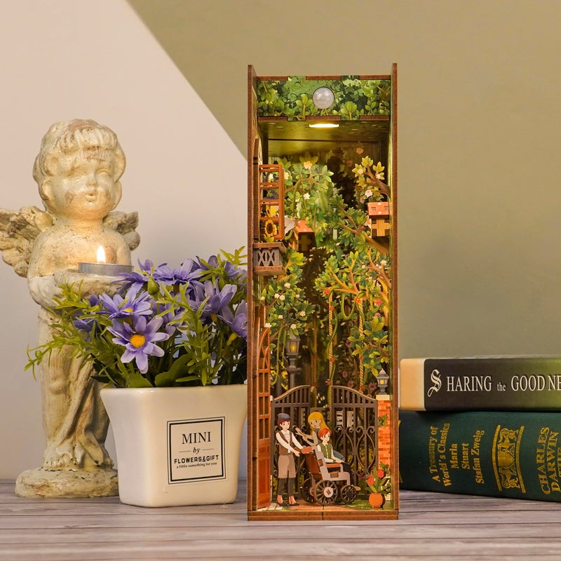 Tonecheer DIY Book Nook Kit for Adults,3D Wooden Puzzle Bookend Bookshelf Insert Library Decor, Booknook Miniature House Kit with Body Motion Sensor LED Light (The Secret Garden) - Image 5